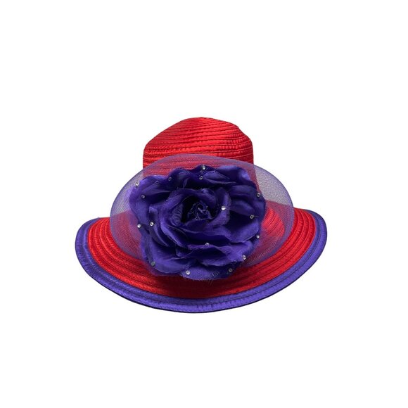 Red & Purple Womens Polyester Hat With Decorative Flower - Picture 1 of 9